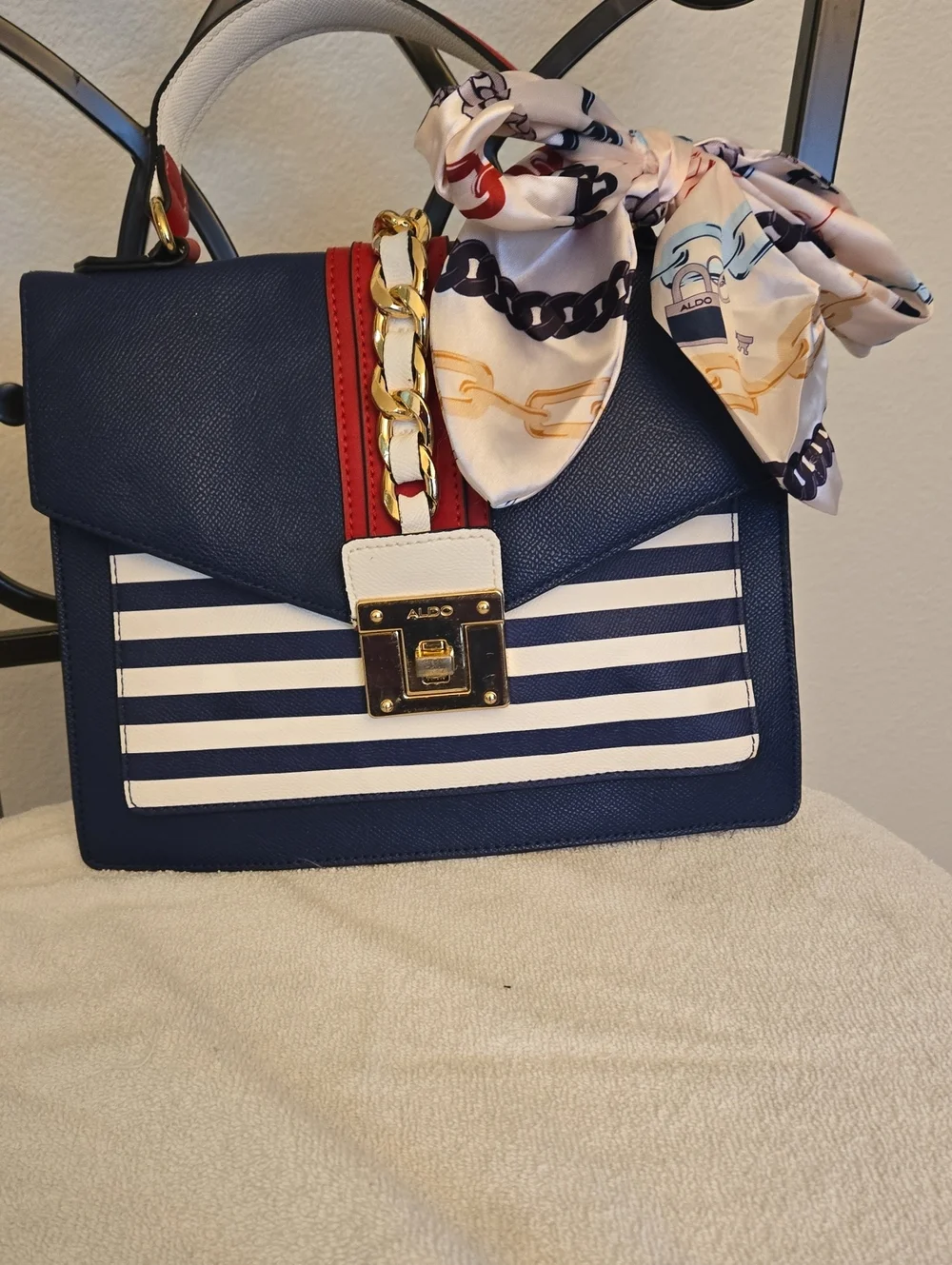 ALDO Navy, White & Red Striped Top-Handle Satchel with Scarf Accent